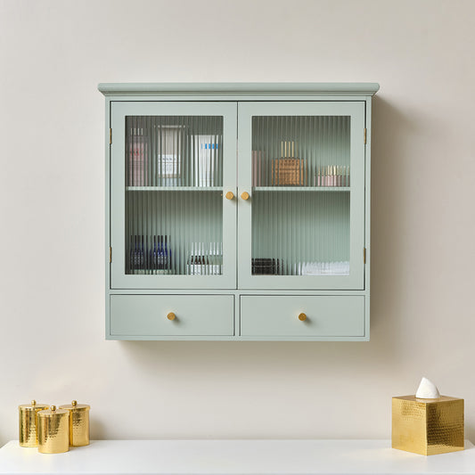  Sage Green Wooden Wall Shelf Unit with Drawers 