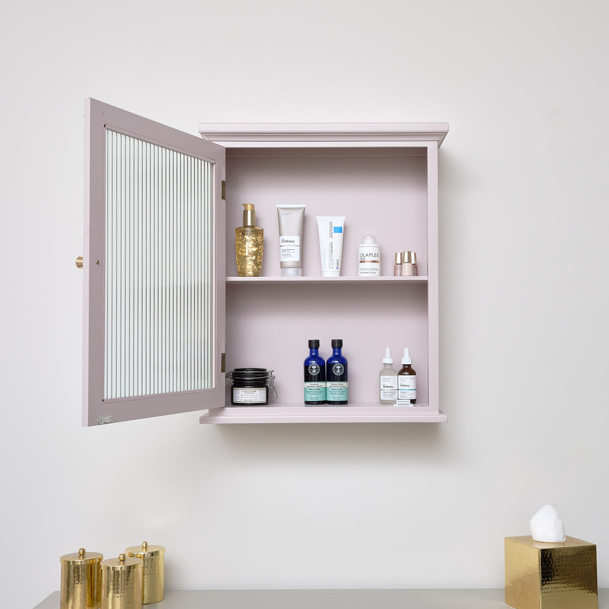 Pink Reeded Glass Fronted Wall Cabinet