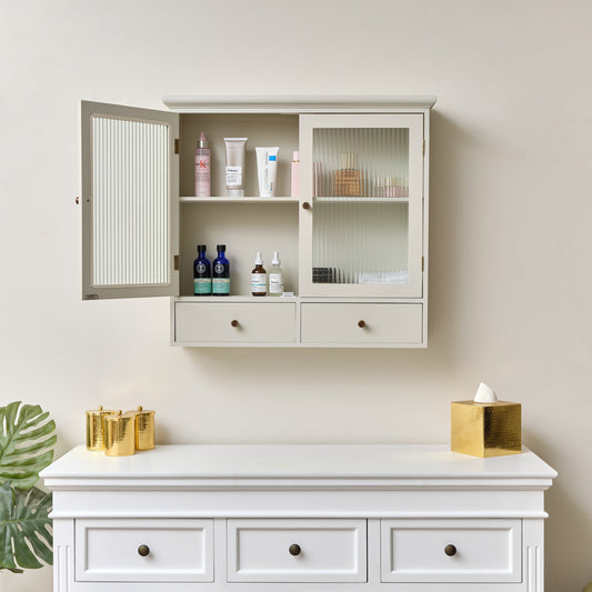  Pale Taupe Reeded Glass Wall Cabinet with Drawers 