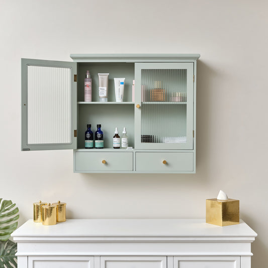  Sage Green Wooden Wall Shelf Unit with Drawers 