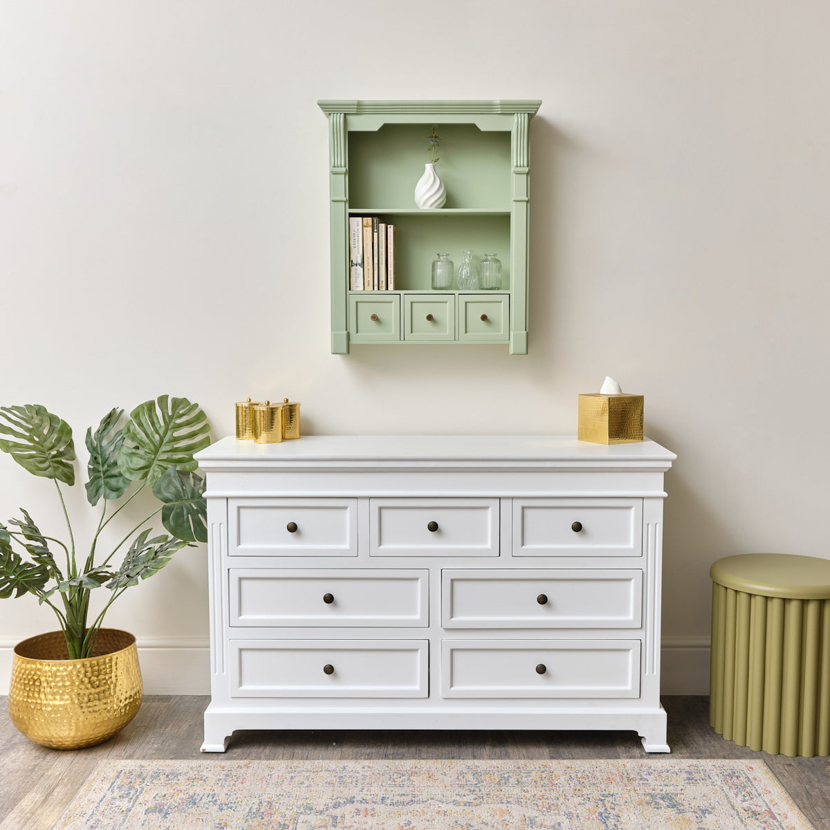 Sage Green Wooden Wall Shelf Unit with Drawers