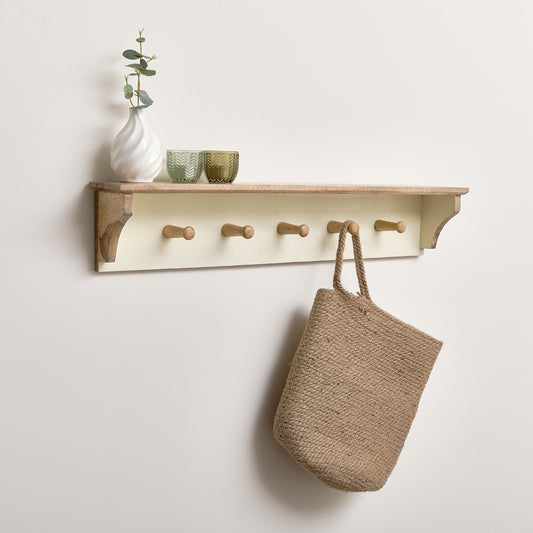  Cream & Mango Wood Wall Shelf with Hooks 