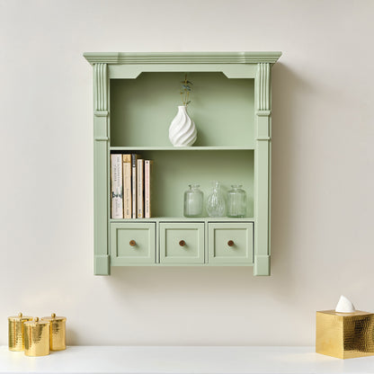 Sage Green Wooden Wall Shelf Unit with Drawers