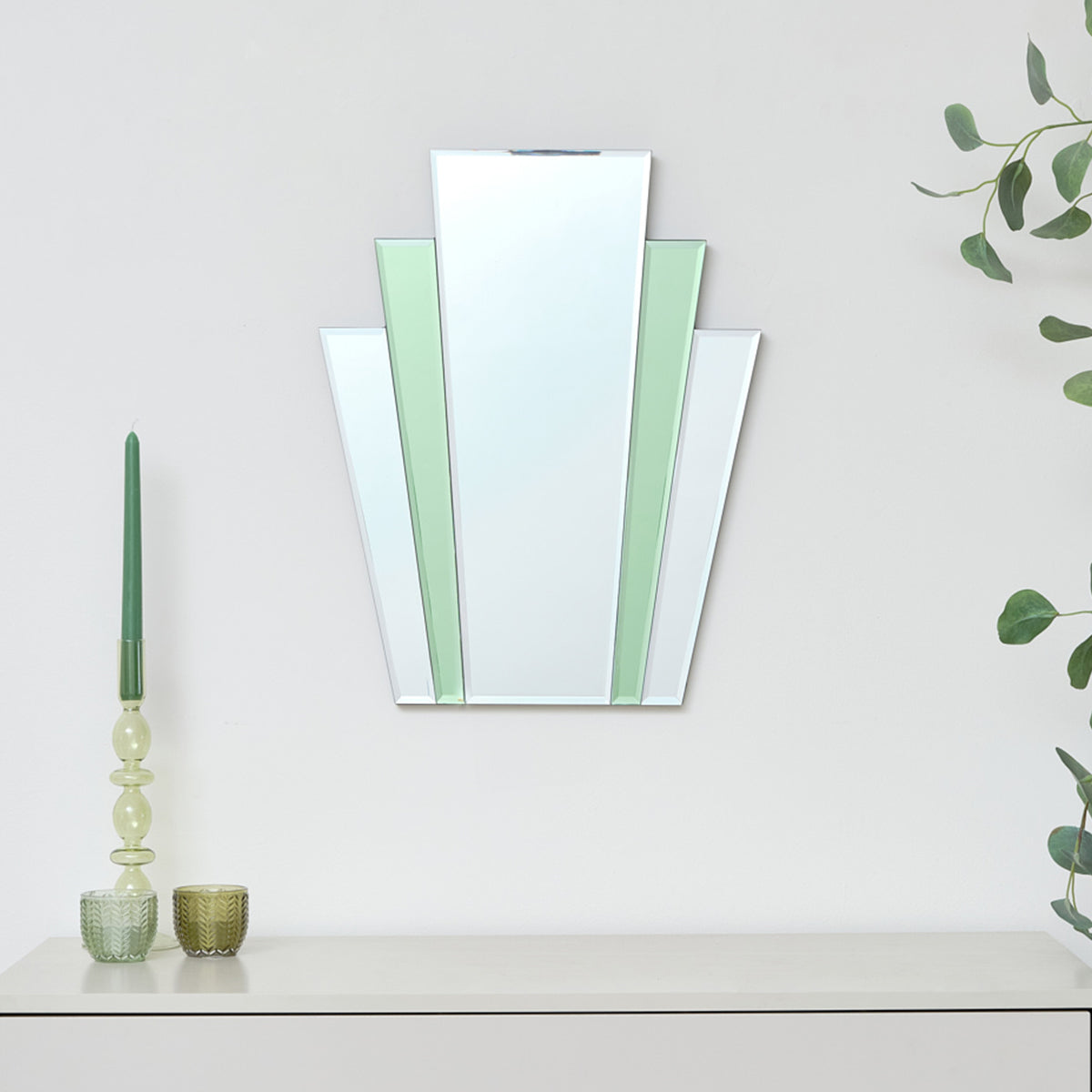 Art Deco Green Glass Fan Wall Mirror - 50cm x 40cm