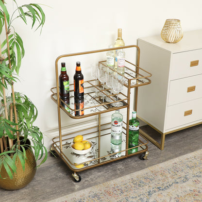 Gold Vintage Printed Glass 3 Tier Drinks Trolley with Wheels