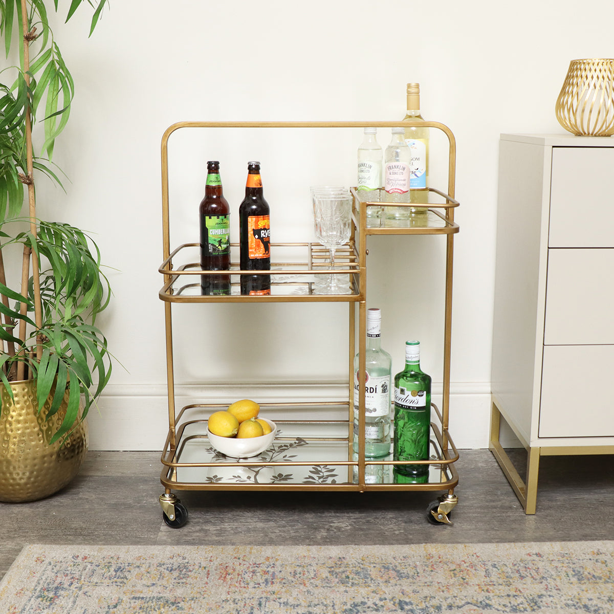 Gold Vintage Printed Glass 3 Tier Drinks Trolley with Wheels