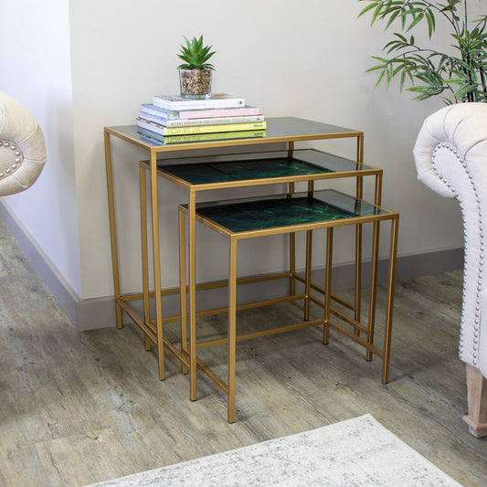  Set Of 3 Green Marble & Gold Nest Of Tables 