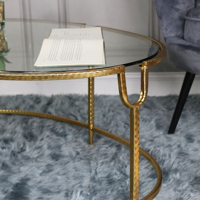 Large Gold Oval Glass Topped Coffee Table