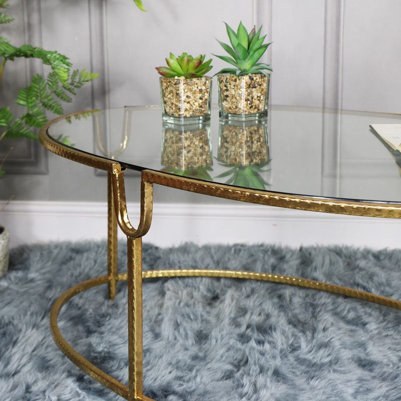 Large Gold Oval Glass Topped Coffee Table