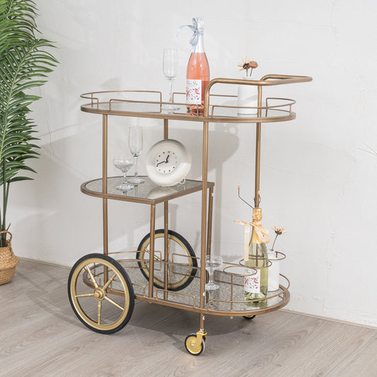  Large Gold Antique Glass Oval Drinks Trolley With Wheels 