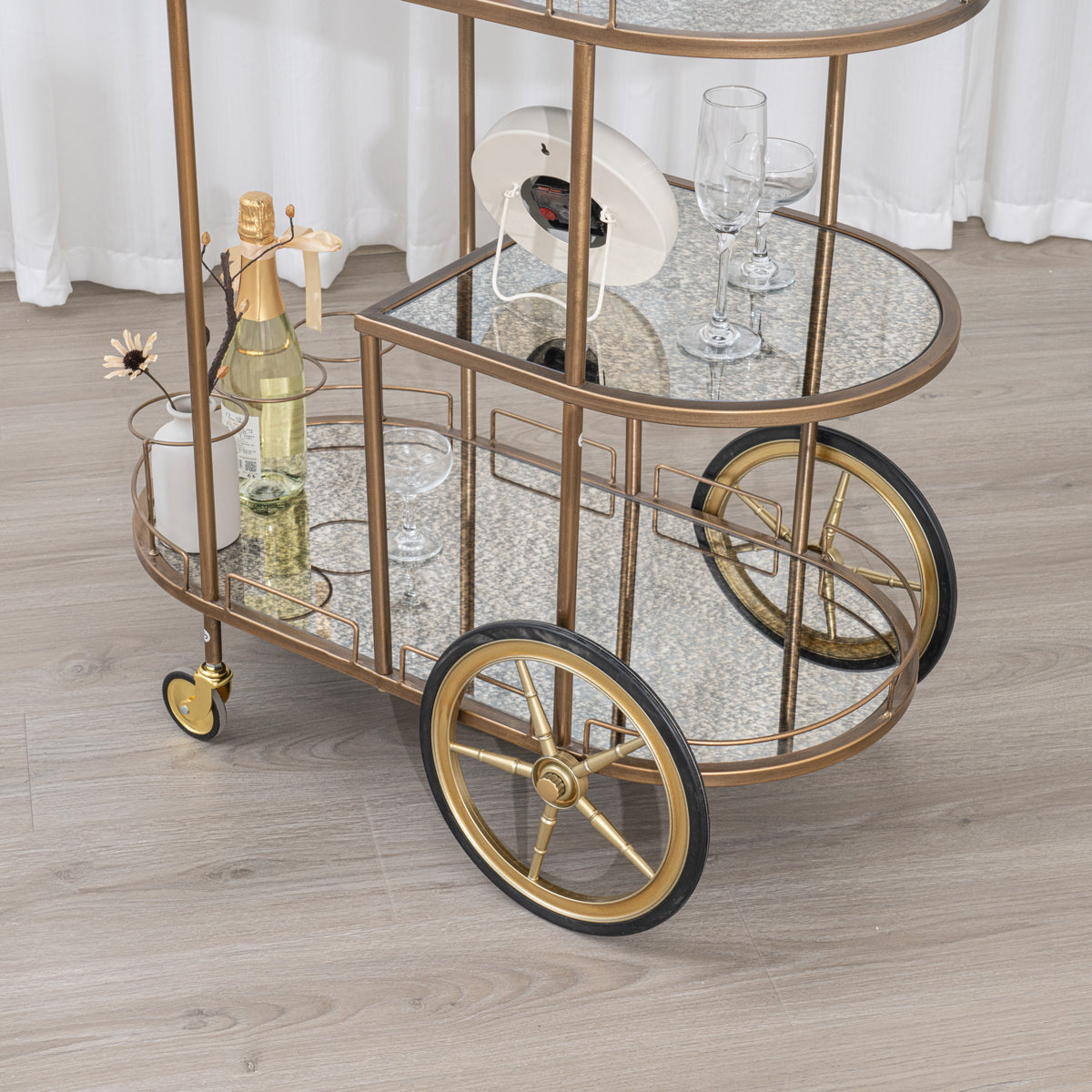 Large Gold Antique Glass Oval Drinks Trolley With Wheels