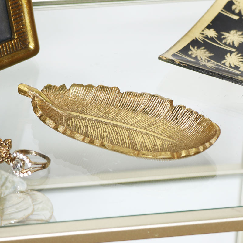 Gold Metal Feather Trinket Dish