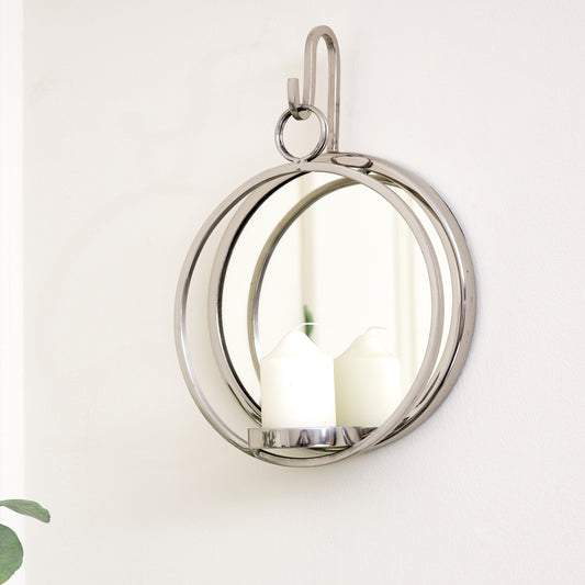  Round Silver Mirrored Wall Candle Sconce 