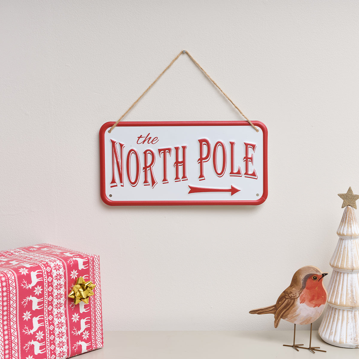 Red and White The North Pole Decorative Sign