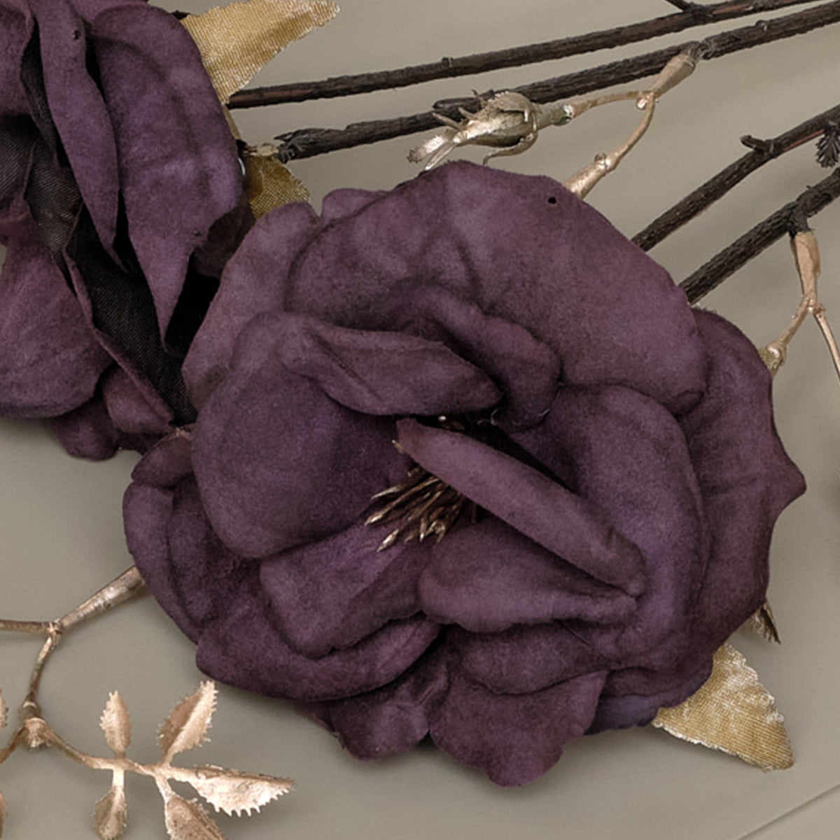 Set of 3 Antique Dark Purple & Gold Faux Rose Stems