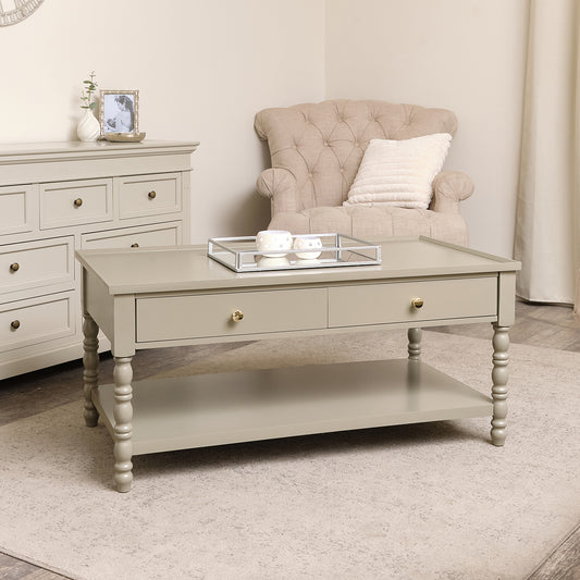  Large Taupe Grey Bobbin Bobble 2 Drawer Coffee Table 