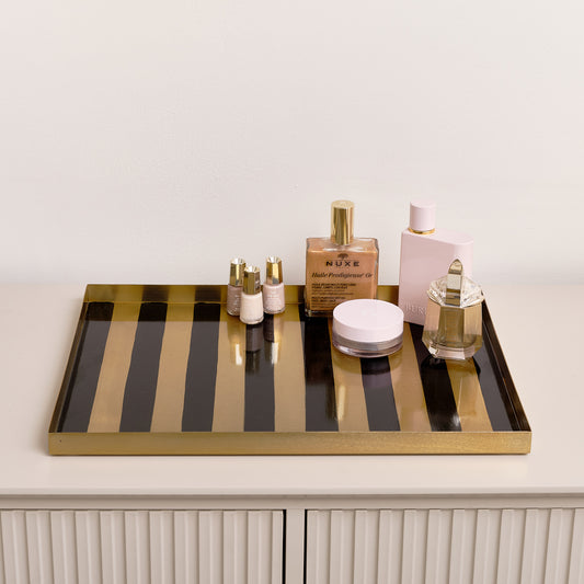  Large Rectangle Black & Gold Striped Metal Tray 