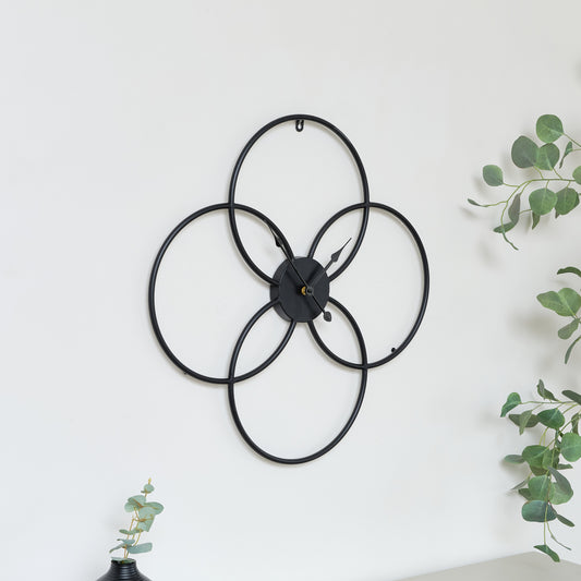  Black Round Clover Wall Clock - 51cm x 51cm 