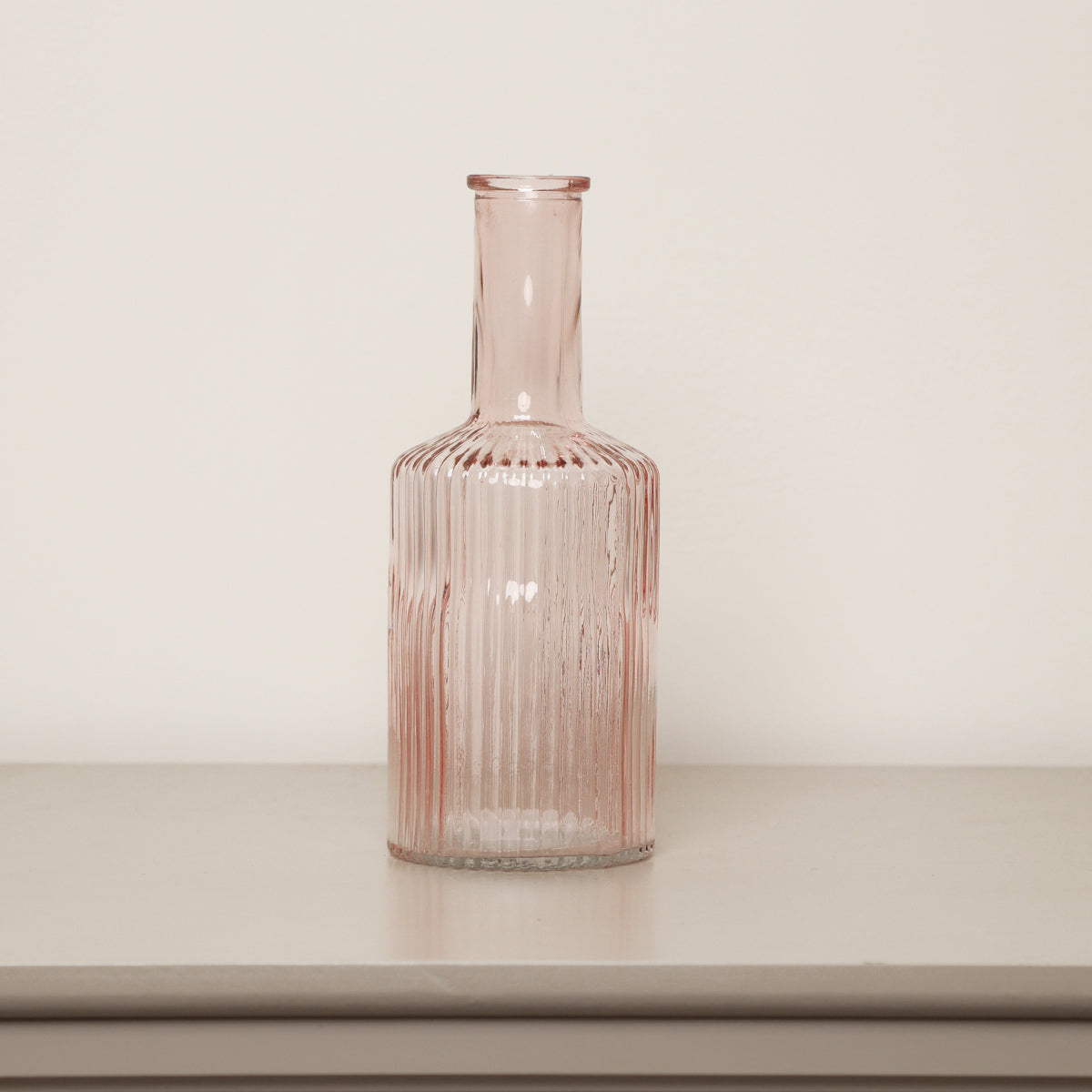 Pale Pink Ribbed Glass Bottle Vase - 20cm