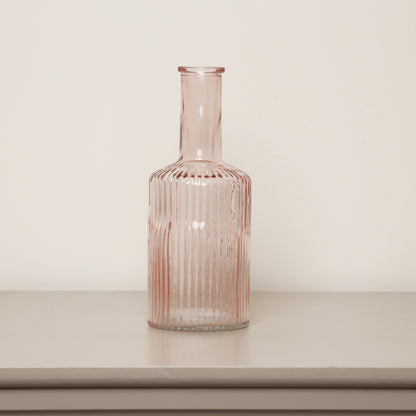 Pale Pink Ribbed Glass Bottle Vase - 20cm