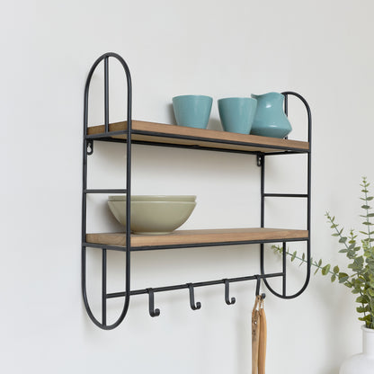 Metal Framed Wall Shelf with Hanging Hooks