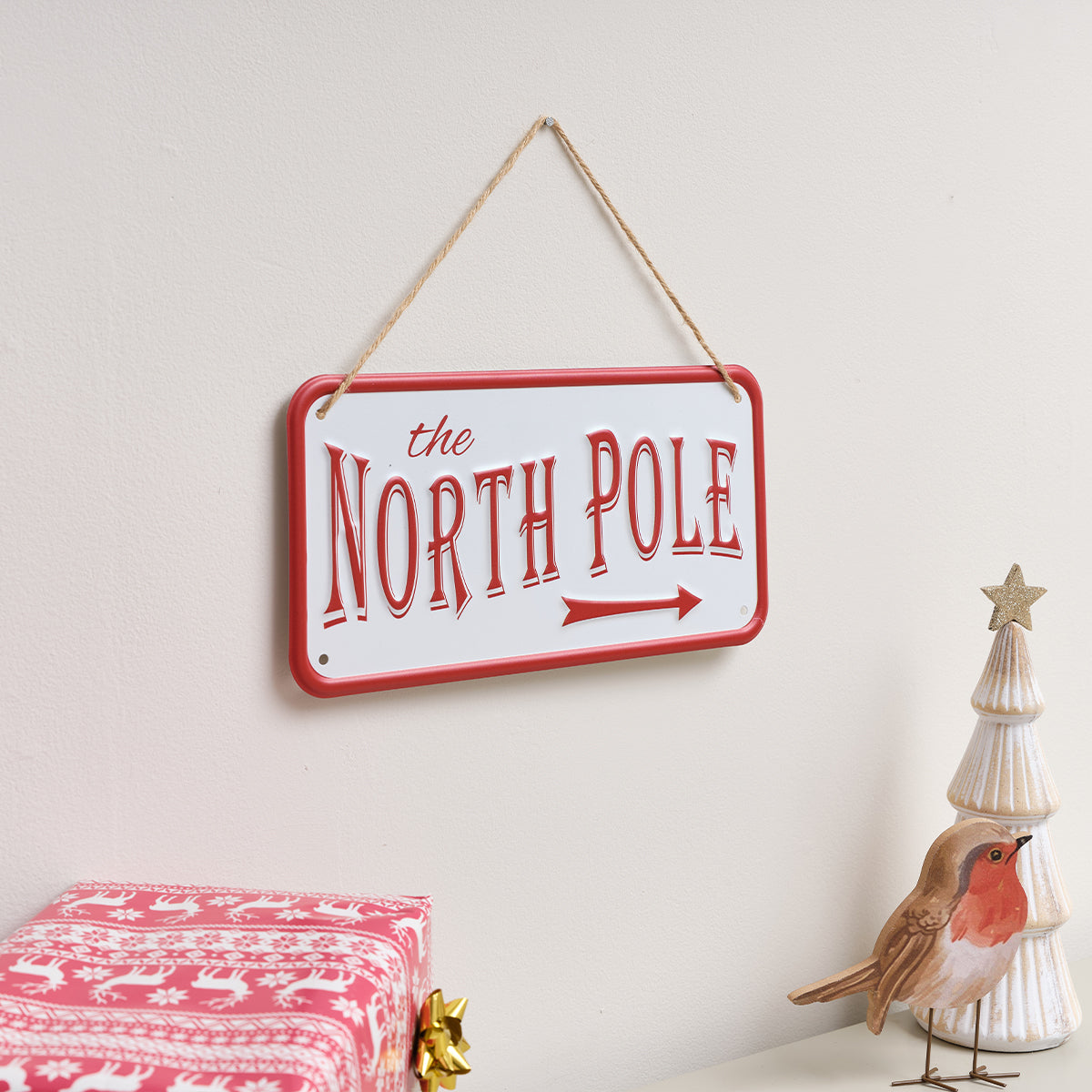 Red and White The North Pole Decorative Sign