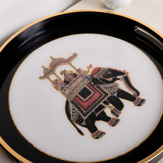  Large Round Black, White & Gold Elephant Serving Tray 