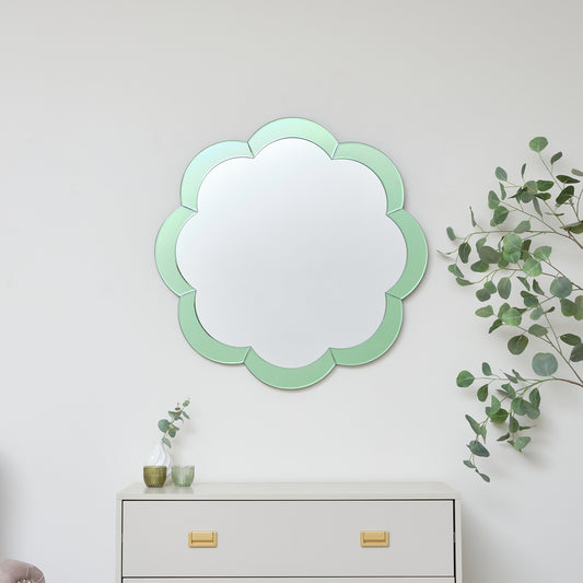  Large Scalloped Green Glass Wall Mirror 81cm x 81cm 