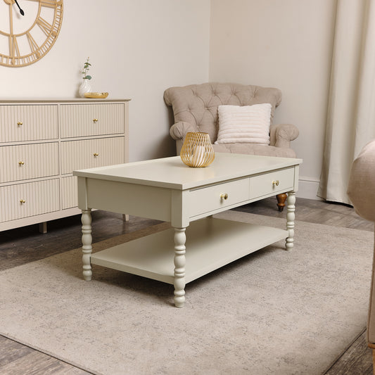  Large Pale Taupe Bobbin Bobble 2 Drawer Coffee Table 