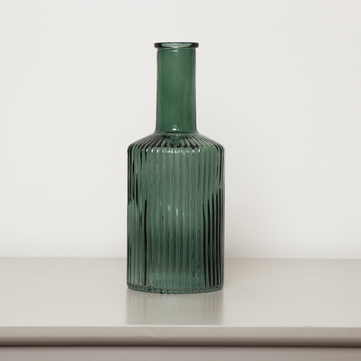 Dark Green Ribbed Glass Bottle Vase - 20cm