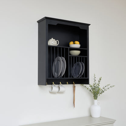 Black Wall Mounted Plate Rack with Gold Hooks