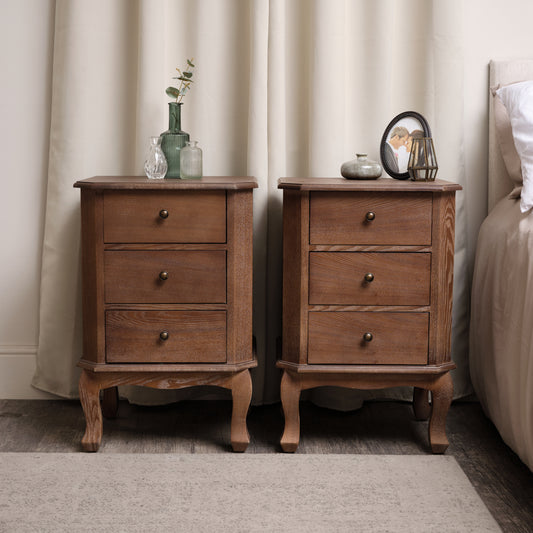  Pair Of 2 Dark Wood 3 Drawer Bedside Table - Willoughby Range 