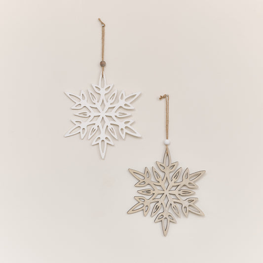  Set of 2 Large White & Rustic Wooden Hanging Christmas Snowflakes 