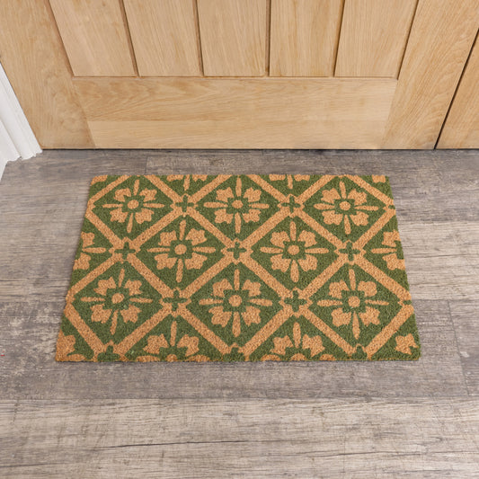  Green & Natural Geometric Tile Print Coir Door Mat 