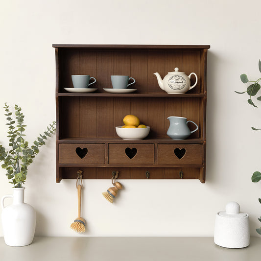  Large Rustic Dark Wood Wall Shelving Unit with Heart Drawers & Storage Hooks 