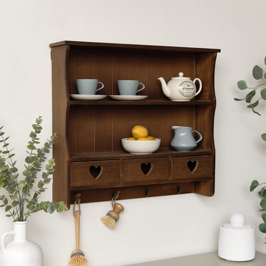  Large Rustic Dark Wood Wall Shelving Unit with Heart Drawers & Storage Hooks 