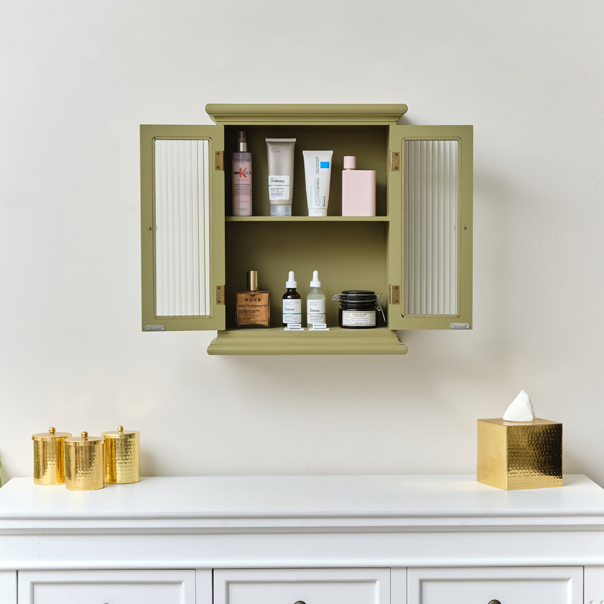 Olive Green Reeded Glass Wall Cabinet