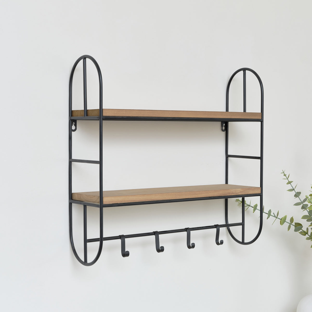 Metal Framed Wall Shelf with Hanging Hooks