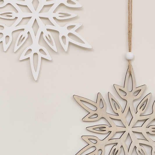  Set of 2 Large White & Rustic Wooden Hanging Christmas Snowflakes 