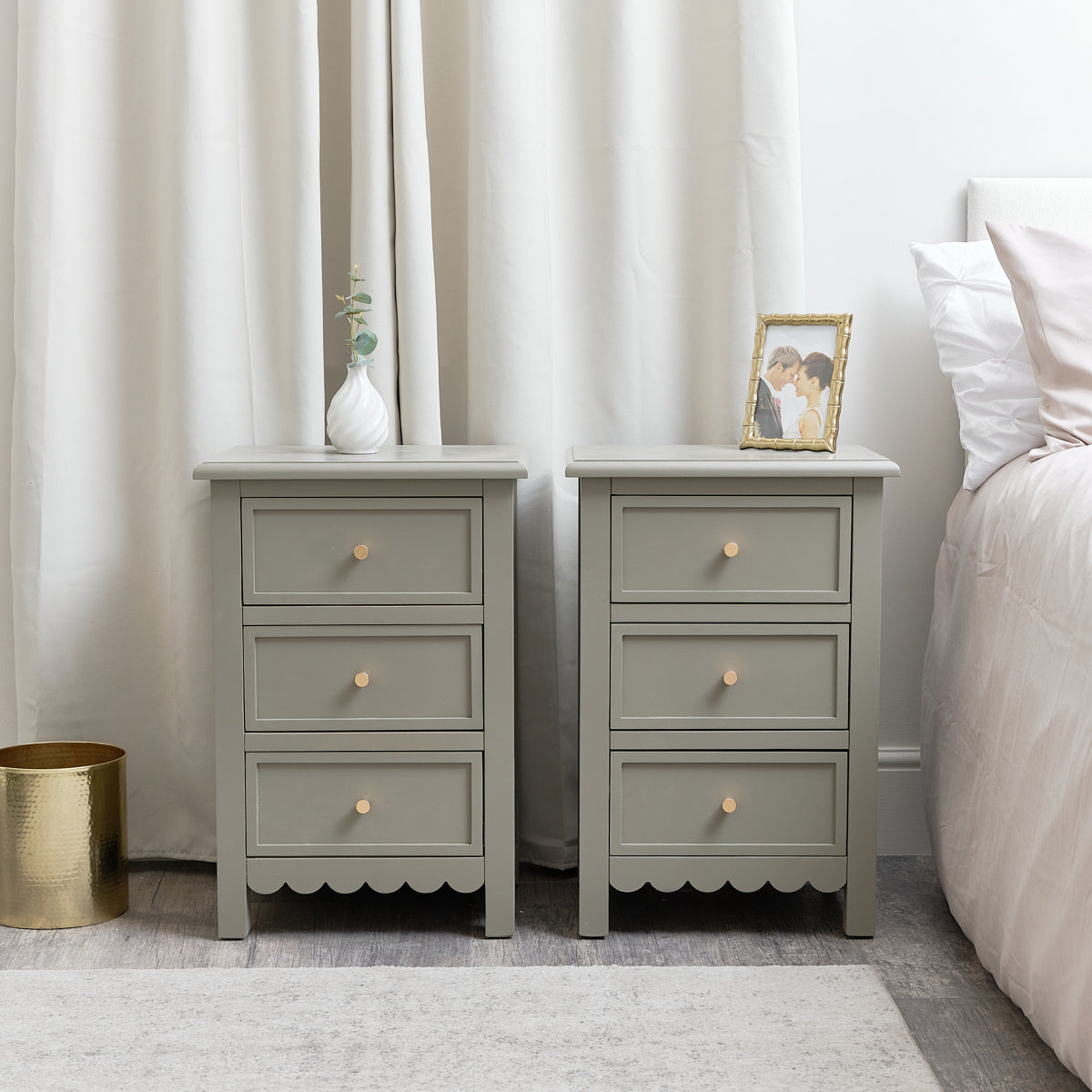 Pair of Scalloped 3 Drawer Bedside Tables  - Staunton Taupe Range