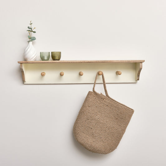  Cream & Mango Wood Wall Shelf with Hooks 