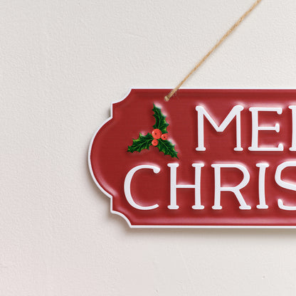 Red, White and Green Merry Christmas Decorative Sign with Holly