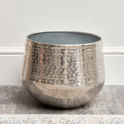 Large Round Silver Patterned Planter