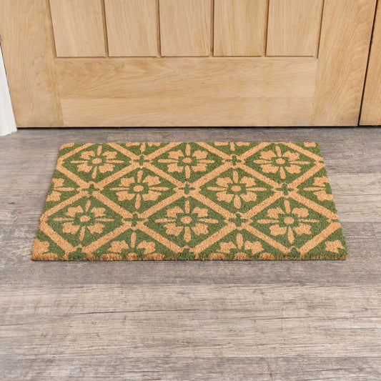  Green & Natural Geometric Tile Print Coir Door Mat 