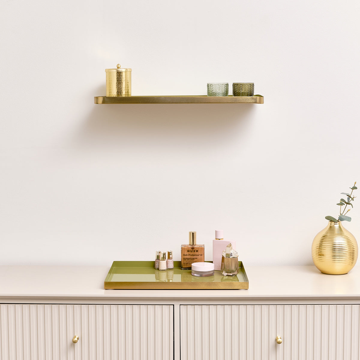 Gold & Olive Green Enamelled Metal Wall Shelf - 50cm