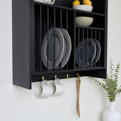 Black Wall Mounted Plate Rack with Gold Hooks