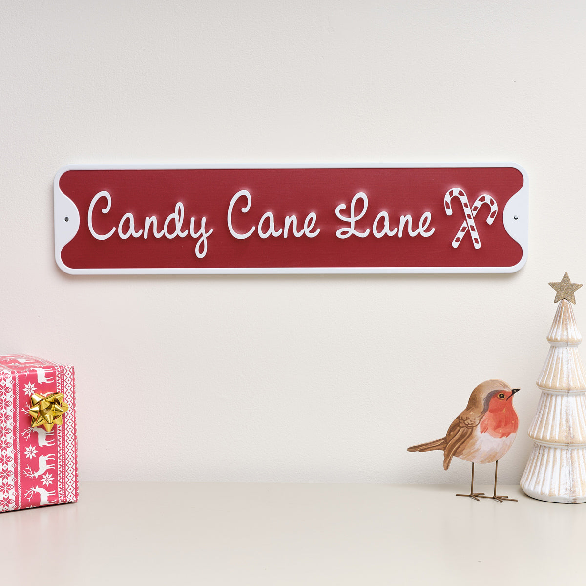 Red and White Candy Cane Lane Decorative Sign