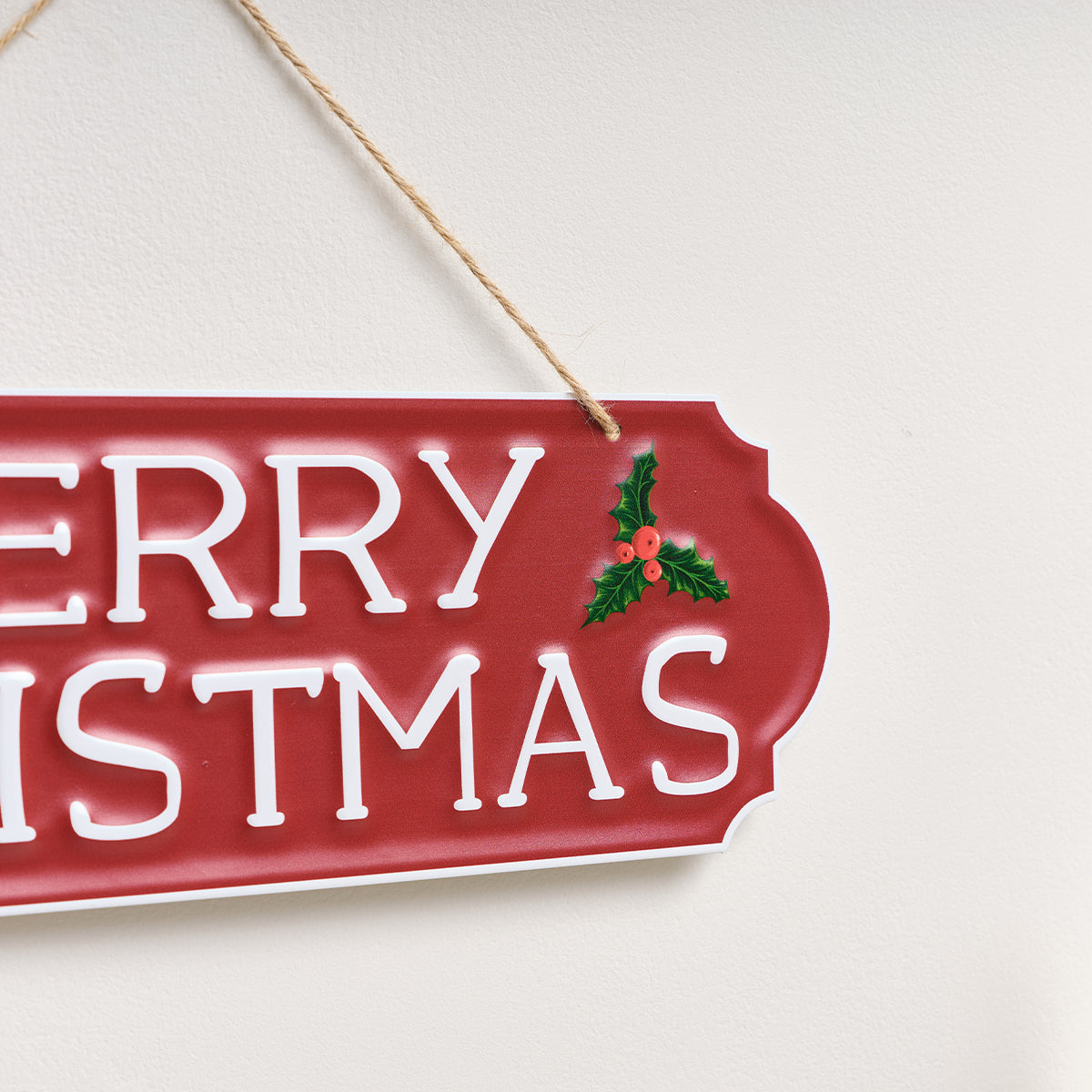 Red, White and Green Merry Christmas Decorative Sign with Holly