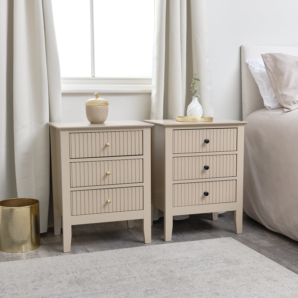 Pair of 3 Drawer Bedside Table - Hales Tan Range