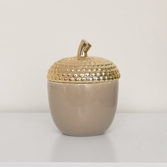  Taupe and Gold Ceramic Acorn Lidded Jar 